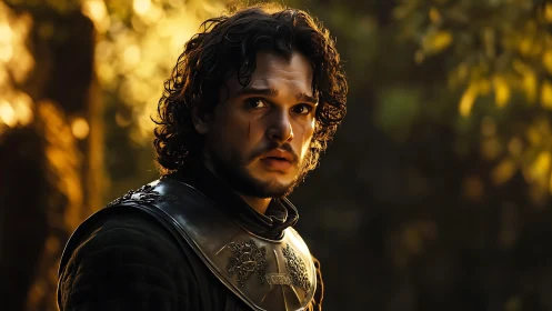 Armored warrior watches forest in golden sunset light.