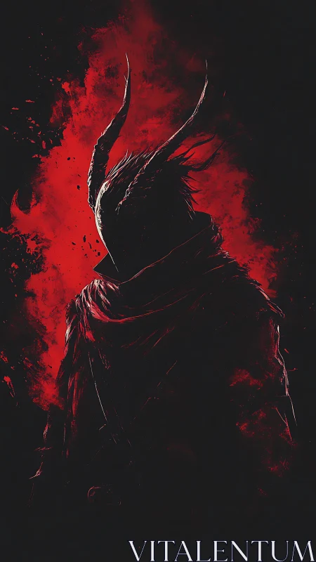 Horned shadow warrior emerges through crimson inferno.