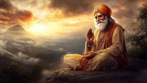 Elderly sage in saffron robes meditates over misty mountainscape