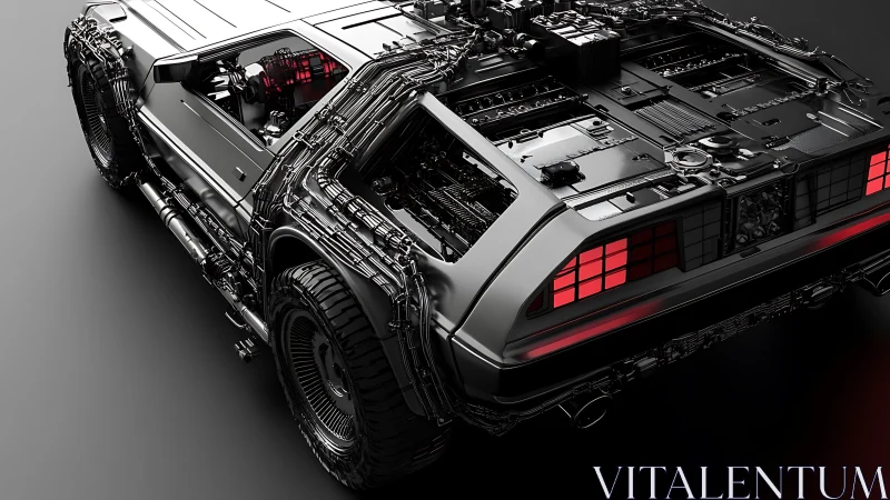 Futuristic stainless coupe exposes intricate cybernetic chassis.