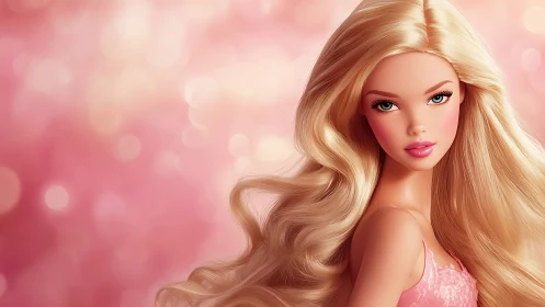 Blonde doll-like figure posed against soft pink bokeh background