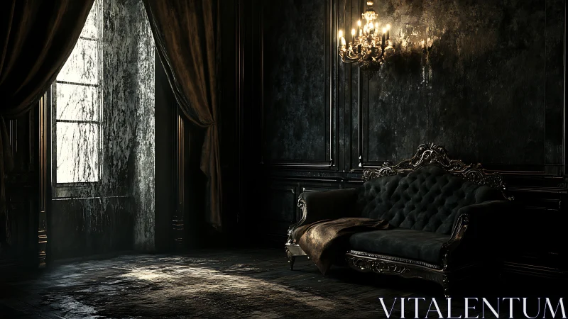 Dark gothic salon holds velvet sofa under dim chandelier