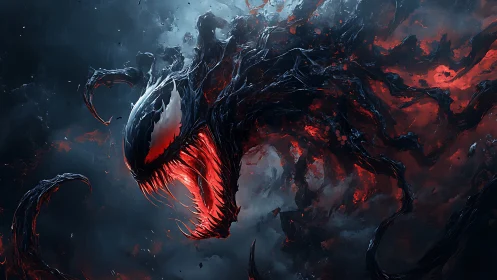 Ravenous void serpent erupts in ember-lit cosmic storm.