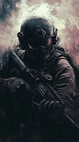 Tactical soldier portrait with rifle rendered in high-contrast digital painting