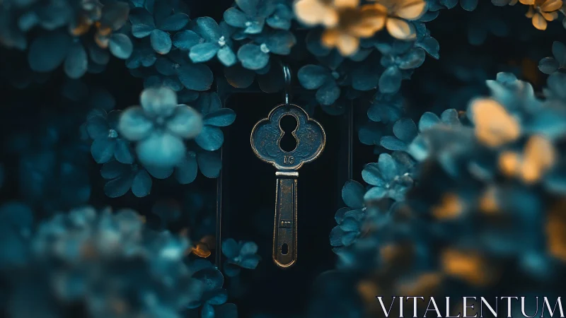 Vintage key hanging among blue and golden flowers.