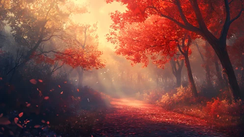 Crimson Canopy: Where Autumn's Fire Meets Mystical Mist.