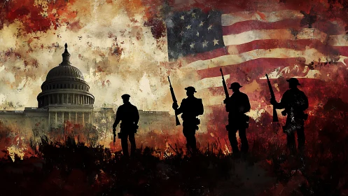 Silhouetted infantry before US Capitol and distressed flag tableau
