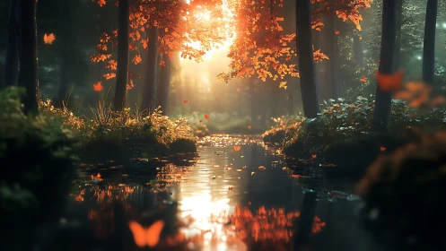 Enchanted Autumn Forest With Sunlight and Reflective Stream.