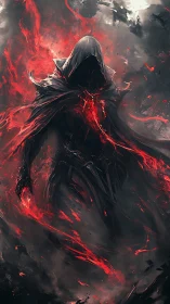 Hooded dark figure stands in swirling red energy field