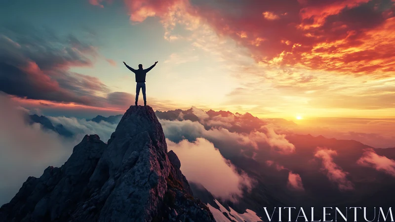 Person standing on mountain summit above clouds at sunrise.