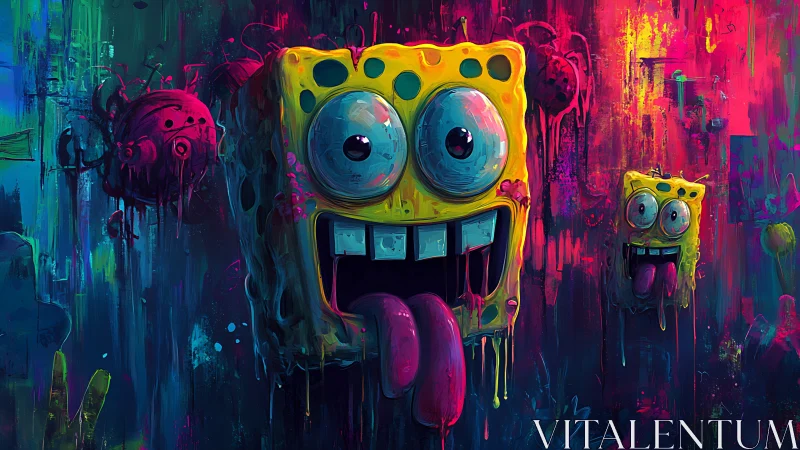 Neon glitch sponge characters in dripping abstract graffiti