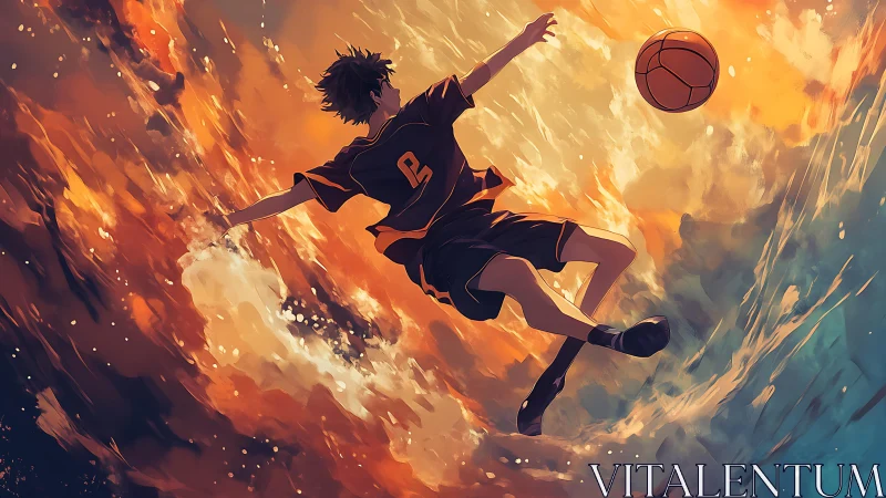Soaring basketball dreamer stretches for a glowing skyward goal