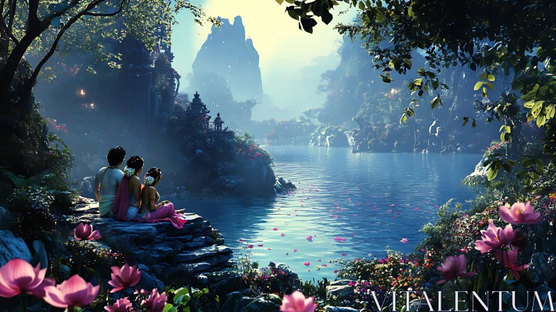 Family resting by serene fantasy lake in lush valley scene.