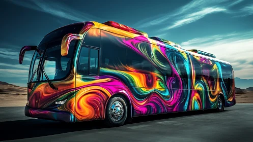 Neon highway coach wrapped in swirling chromatic waves.