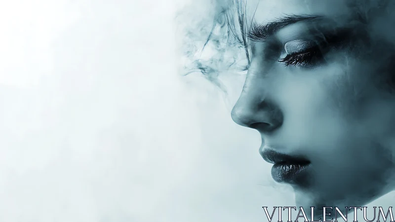 Surreal portrait of woman in misty blue tones, digital art style.