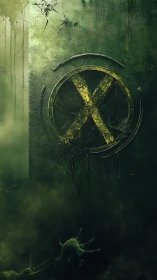 Weathered green X emblem on dark industrial wall.