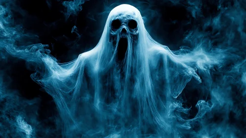 Eerie blue ghost drifting in swirling midnight mist.
