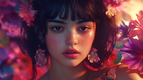 Hyperreal floral portrait uniting soft skin tones and neon bloom