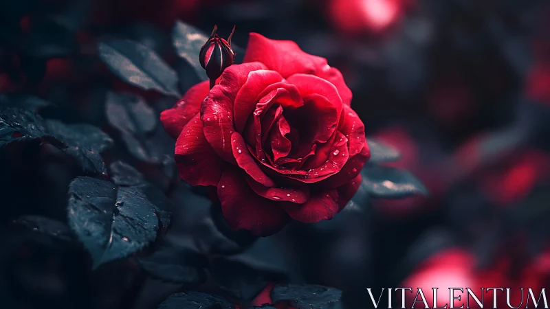 Crimson Rose with Water Droplets in Dramatic Shadow.