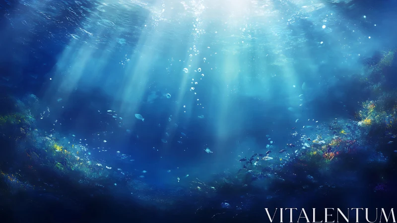 Sunlit ocean depths glow softly around a lively reef