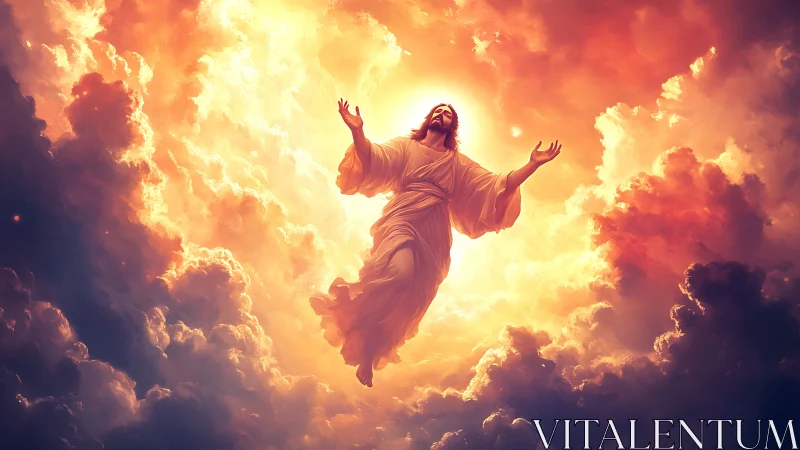 Radiant robed figure ascends through volumetric sunlit clouds