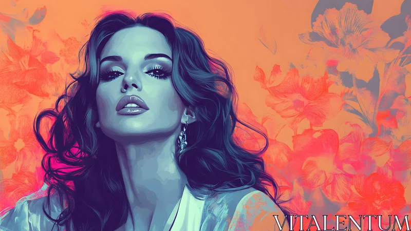 Neon muse rises amid blazing florals and electric dusk tones.