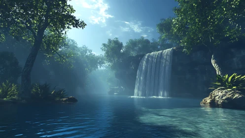 Volumetric-lit jungle waterfall renders with high-detail water shaders