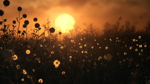 Backlit wildflower meadow glowing in low sunset haze.