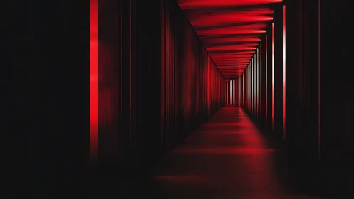 Red-lit linear corridor with repeating beams and deep vanishing point