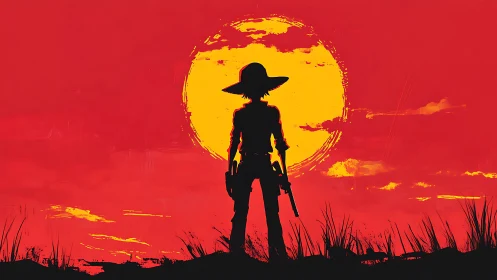 Digital painting silhouette of lone gunslinger at sunset.