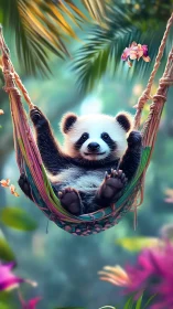 Digital render shows a young panda positioned in a woven hammock