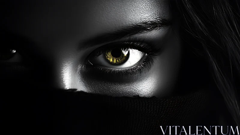 Golden eye pierces deep shadow with high contrast glare.