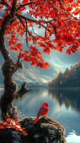 Crimson cardinal beneath fiery maple over still mountain lake.