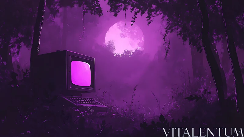 Retro computer glows in purple moonlit forest clearing