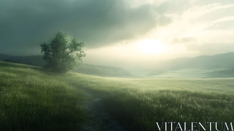 Lone meadow guardian under stormlit sunrise hush.