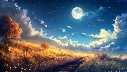 Moonlit meadow path glows under a vivid starry sky.