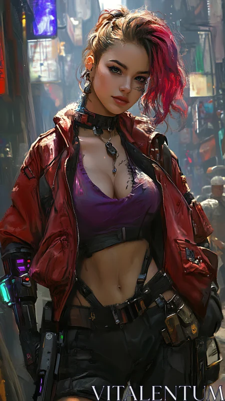 Neon city mercenary strides through a crowded cyberpunk alley