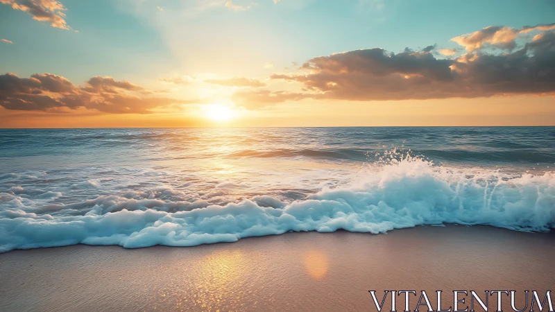 Sunlit shoreline with foamy surf under glowing clouds.