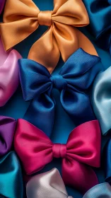 Colorful satin bows arranged on rich blue background