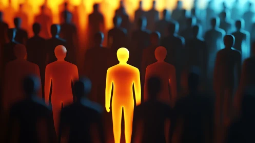 3D crowd silhouette composition with luminous central figure.