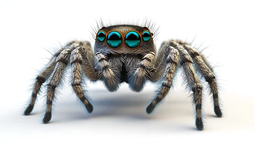 3D macro portrait of iridescent jumping spider on white ground.