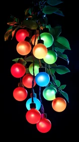 Photorealistic cluster of multicolor globe lights with foliage.