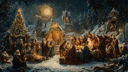 Moonlit villagers cradle candlelit Christmas wonder together