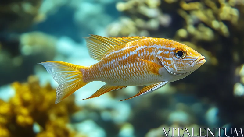 Golden reef fish glides through sunlit coral shallows