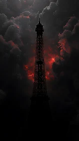 Dark Eiffel Tower silhouette against red storm clouds.