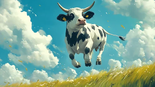 Joyful flying cow bounding across a bright summer sky.