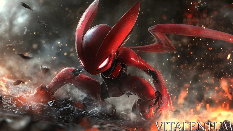 Red cybernetic warrior lands in a storm of fire and debris