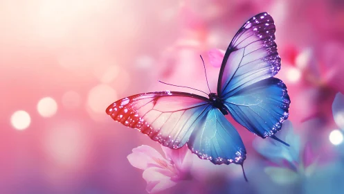 Bioluminescent gradient butterfly over bokeh floral field