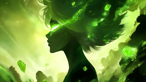 Emerald storm muse in profile, glowing with cosmic quietude.