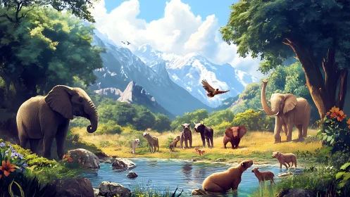 Wild animals gather peacefully beside reflective forest pond